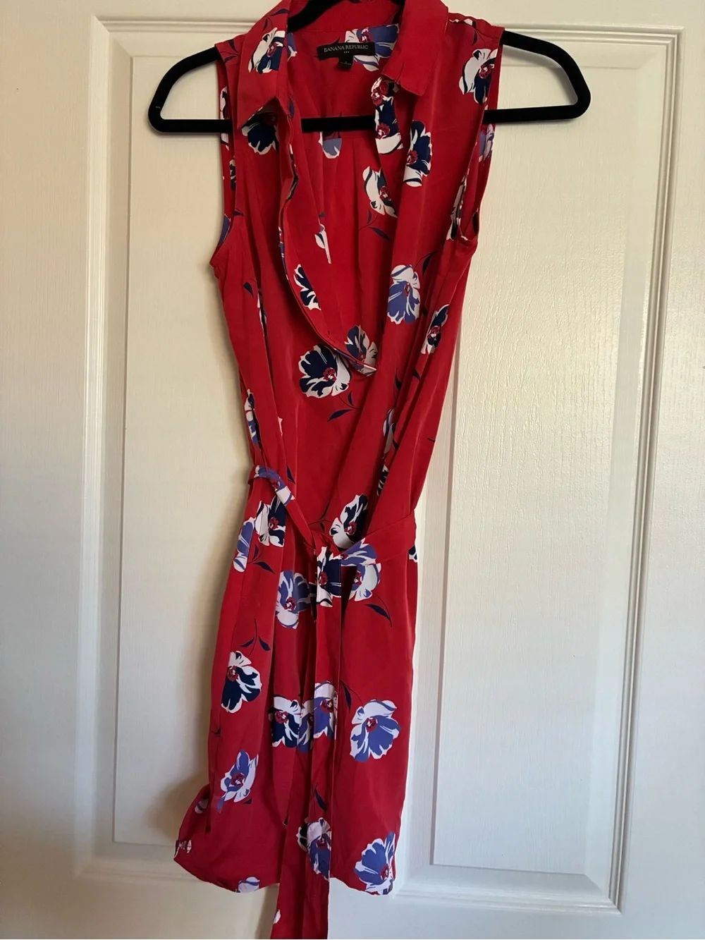 Banana Republic Red Floral Sleeveless Wrap Dress with Blue and White Blooms